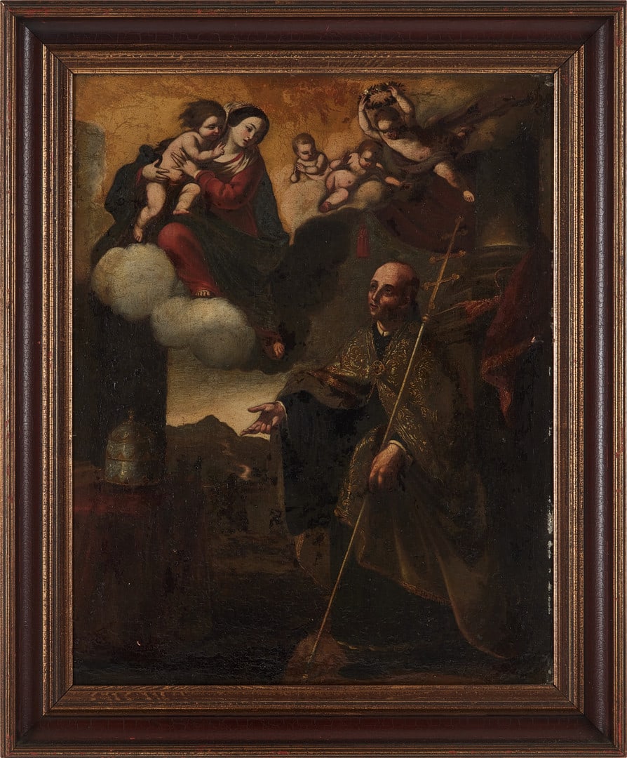 18th Century Italian School - Portrait of the Pope with the Virgin and Child Jesus: Oil on canvas. Measurements: 63 x 53 cm.