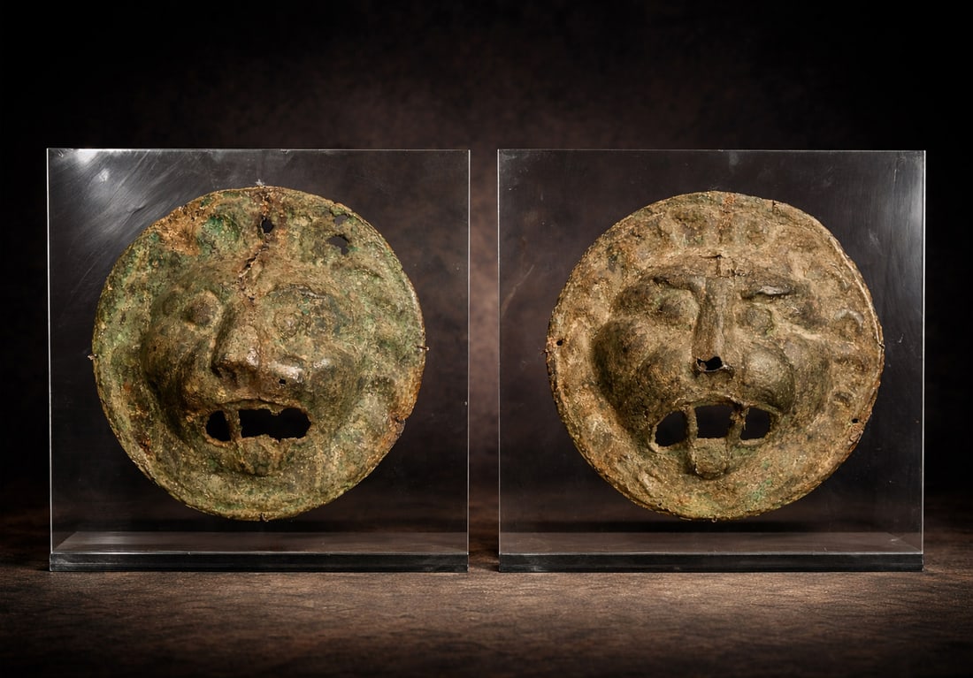 Pair of decorative plaques from a Roman sarcophagus or armor in bronze, High Imperial (1st - 2nd: Period/Year: High Imperial (1st-2nd century AD). Materials: Repoussé copper. Size: 20 x 20 x 7 cm