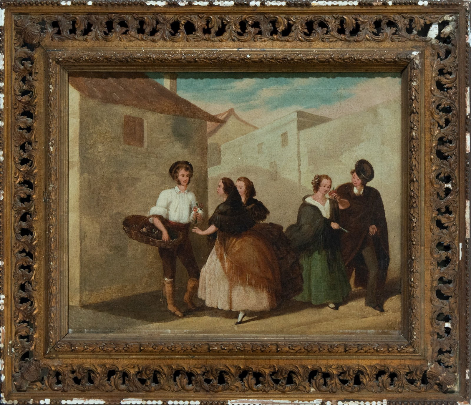 The Young Florist. Andalusian School. 19th Century: Oil on canvas. Dimensions: 44 x 57.5 cm. The scene depicts a young florist offering flowers to a group of elegantly dressed ladies, while in the background a gentleman approaches with a gallant gestur