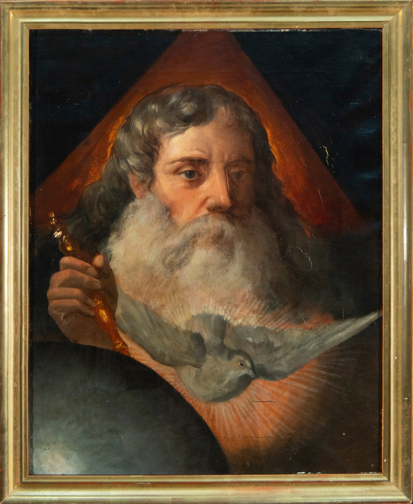God the Father. Catalan school of Viladomat or Francesc Tramulles from the end of the 18th century: Oil on canvas depicting the Eternal Father, rendered with solemnity and spiritual depth. The central figure, with a powerful bearded face, holds the scepter in his right hand while his penetrating gaz