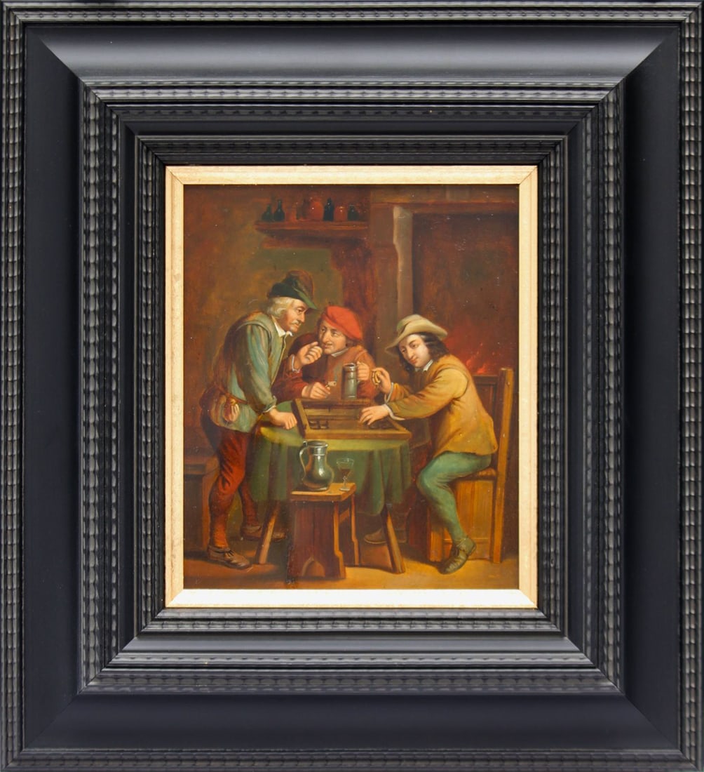 19TH CENTURY DUTCH SCHOOL - Game scene in an inn: Oil on copper. Dimensions: 29 x 19 cm. Dimensions with frame: 34 x 37 cm. This work depicts a lively gambling scene set inside an inn, a theme closely linked to the tradition of Dutch genre painting d