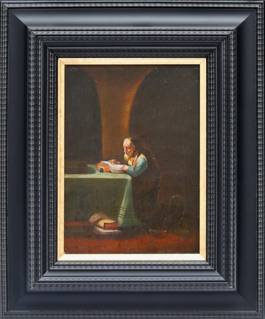 19TH CENTURY DUTCH SCHOOL - The man at the reading table: Oil on panel. Dimensions: 21 x 21 cm. Dimensions with frame: 38 x 38 cm. This work depicts a man seated at a reading table in a domestic room, a theme closely linked to the tradition of Dutch genre pa