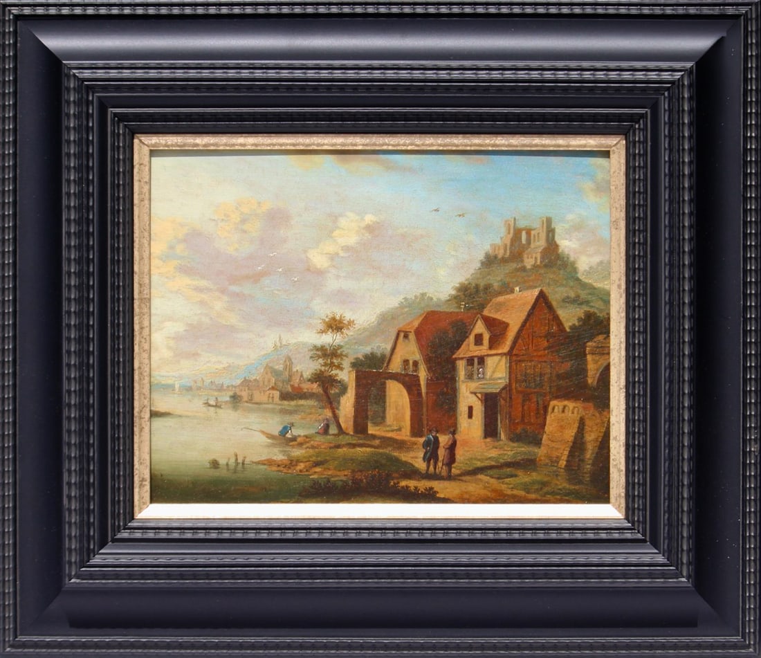 19th Century Dutch School - Waterside Village: Oil on panel. Dimensions: 21.5 x 28 cm. Dimensions with frame: 38.5 x 45 cm. This work depicts a peaceful view of a village situated on the banks of a canal or waterway, a theme deeply rooted in the D