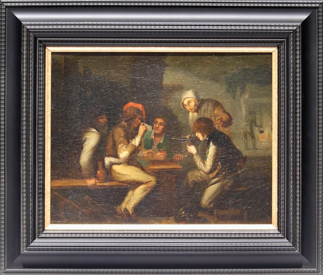 DUTCH SCHOOL OF THE 18TH-19TH CENTURIES, ACCORDING TO ADRIAEN BROUWER (Oudenaarde, 1605 – Antwerp,: Oil on canvas. Dimensions: 31.5 x 40 cm. Dimensions with frame: 47 x 55.5 cm. This work depicts a tavern scene inspired by the work of Adriaen Brouwer, one of the most influential genre painters of th