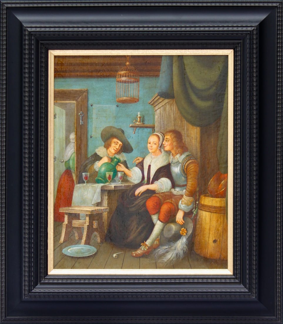 18TH CENTURY FLEMISH SCHOOL - Tavern Scene: Oil on canvas, relined and restored. Dimensions: 36 x 31 cm. Dimensions with frame: 52 x 46 cm. This work depicts a lively tavern scene, one of the most characteristic genres of 17th-century Flemish p