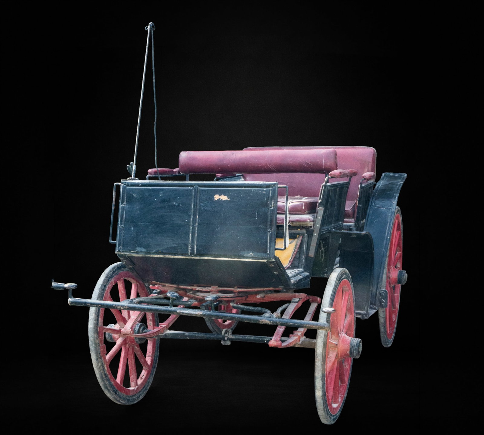 Six-seater horse-drawn carriage with coachman, 19th century: Lacquered wood, iron, and leather upholstery. Dimensions: 165 x 154 x 325 cm. This open-lined, Victoria-style horse-drawn carriage features side access, a raised driver's seat, and facing seating desi