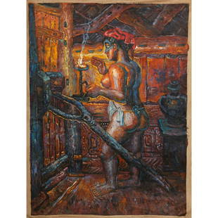 Luo Zhongli (1948- ),Figure,oil painting on canvas without frame: Height:101cmWidth:76cm Luo Zhongli (1948- ),Figure,oil painting on canvas without frameThis oil painting was created in 1997 and it was exhibited in Taipei Xinguang Art Museum in 20th May 1998.Luo