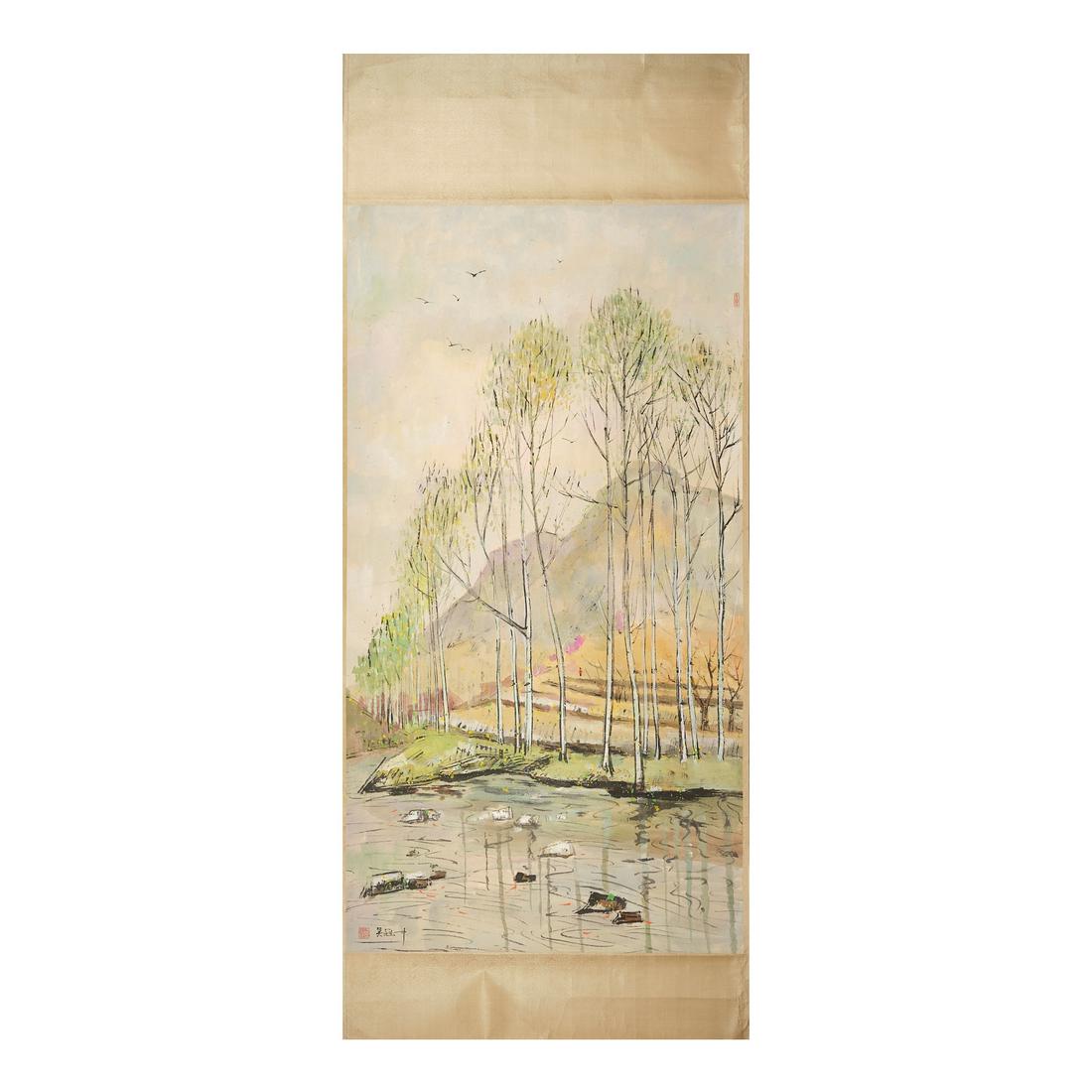 Wu Guanzhong (1919-2010).Landscape,ink and colour on paper,size 177cm*94cm. (1 of 9)