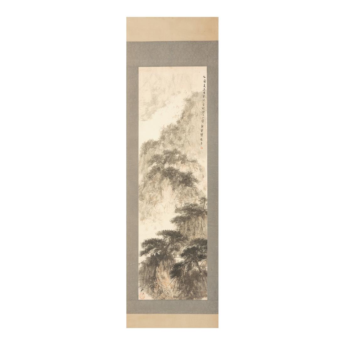 Fu Baoshi(1904 - 1965)Landscape,ink on paper,size 121cm*35cm.: Fu Baoshi(1904 - 1965)Landscape,ink on paper,size 121cm*35cm.For size details ,please refer to the marks on our pictures.