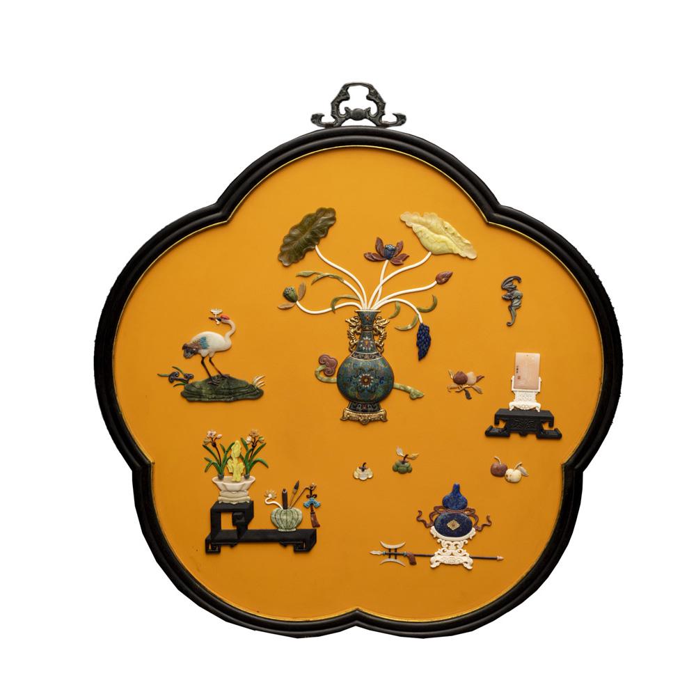 A mother-of-pearl and hardstone inlaid zitan hanging plaque, Qing dynasty (1 of 7)