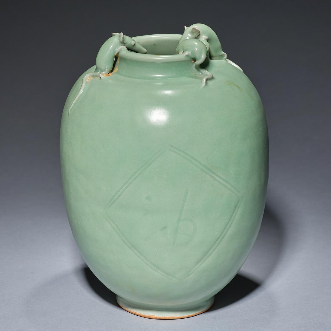 A 'mice steal oil' Longquan celadon vase,Song dynasty (1 of 8)
