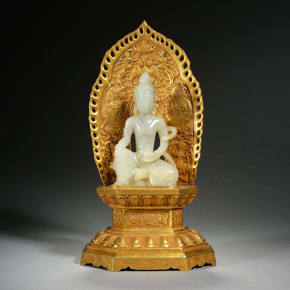 Hetian white jade buddha gilded base,Qing dynasty (1 of 7)