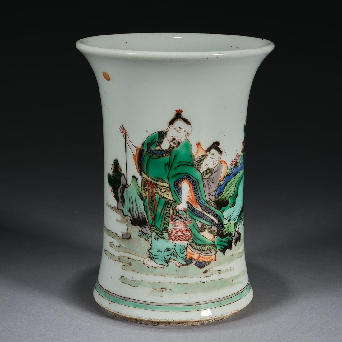 A wucai 'figure' brush pot,Qing dynasty,height 16cm (1 of 6)