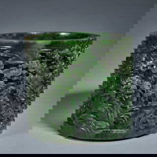 A large and finely carved spinach-green jade 'scholars' brush pot,Qing dynasty,height: height 18.5cm ,diameter 21cm ,weight .For size details please refer to the marks on our pictures.