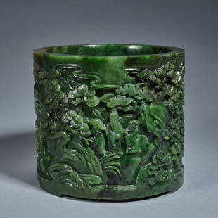 A large and finely carved spinach-green jade 'scholars' brush pot,Qing dynasty,height: height 18.5cm ,diameter 21cm ,weight .For size details please refer to the marks on our pictures.