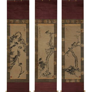 Zhu Da (Bada Shanren) 1626-1705,a set of 3 hanging scrolls,Floral and Birds: Zhu Da (Bada Shanren) 1626-1705,a set of 3 hanging scrolls,Floral and Birds,size 182cm*44cm .For size details please refer to the marks on our pictures.