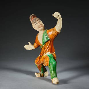 A sancai-glazed pottery figure of a groom,Tang dynasty: A sancai-glazed pottery figure of a groom,Tang dynasty ,Height 32.5cm ,Length 30cm ,Weight 1.3kg ,for size details ,please refer to the marks on our pictures.