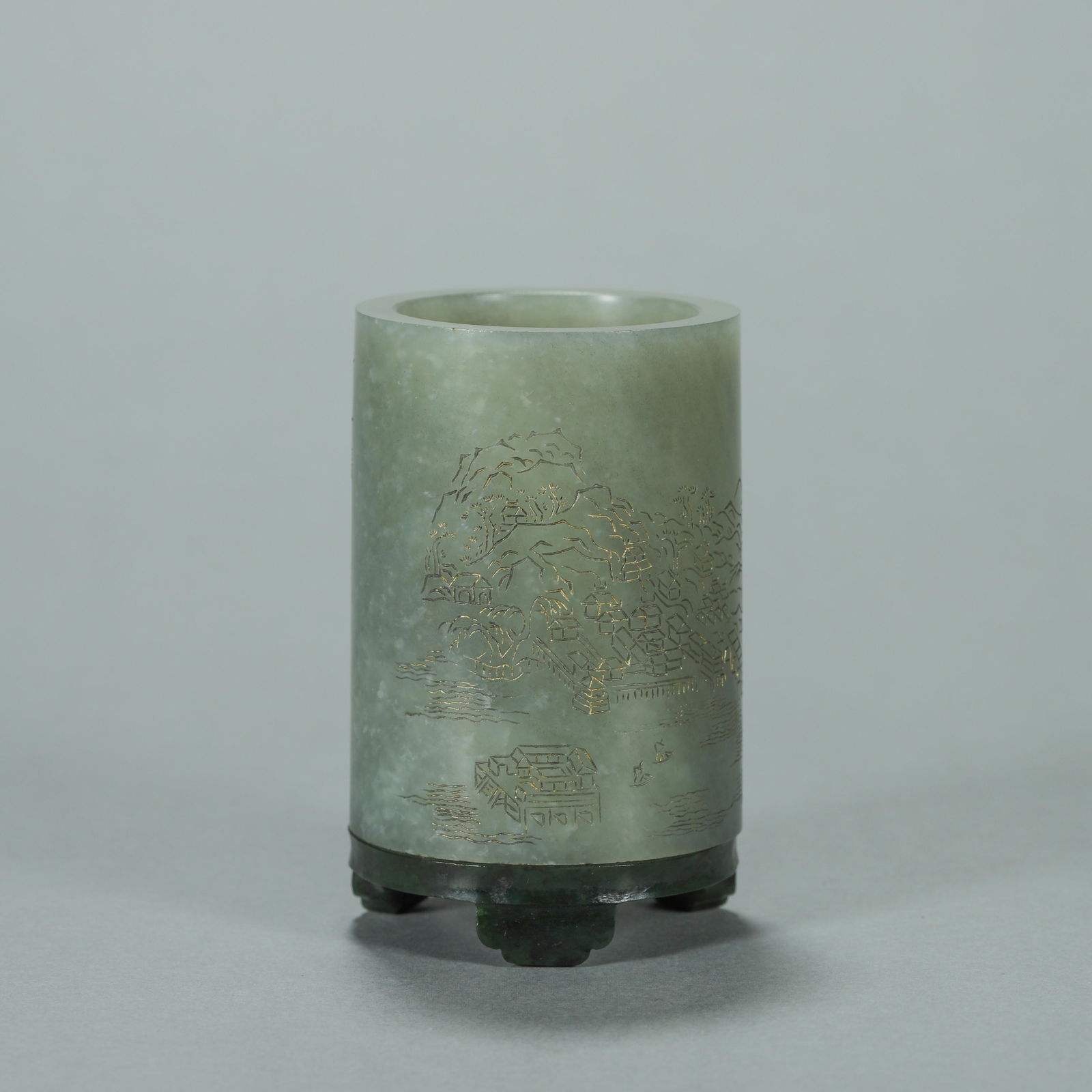 An inscribed landscape Hetian jade brush pot (1 of 9)