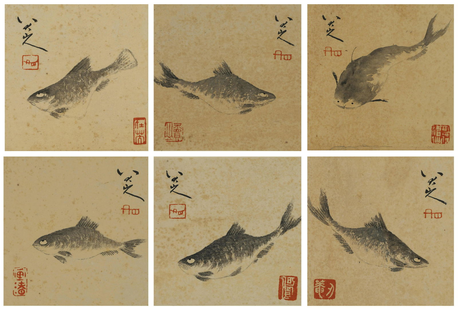 6 pages of Chinese fish painting, Zhuda mark (1 of 7)