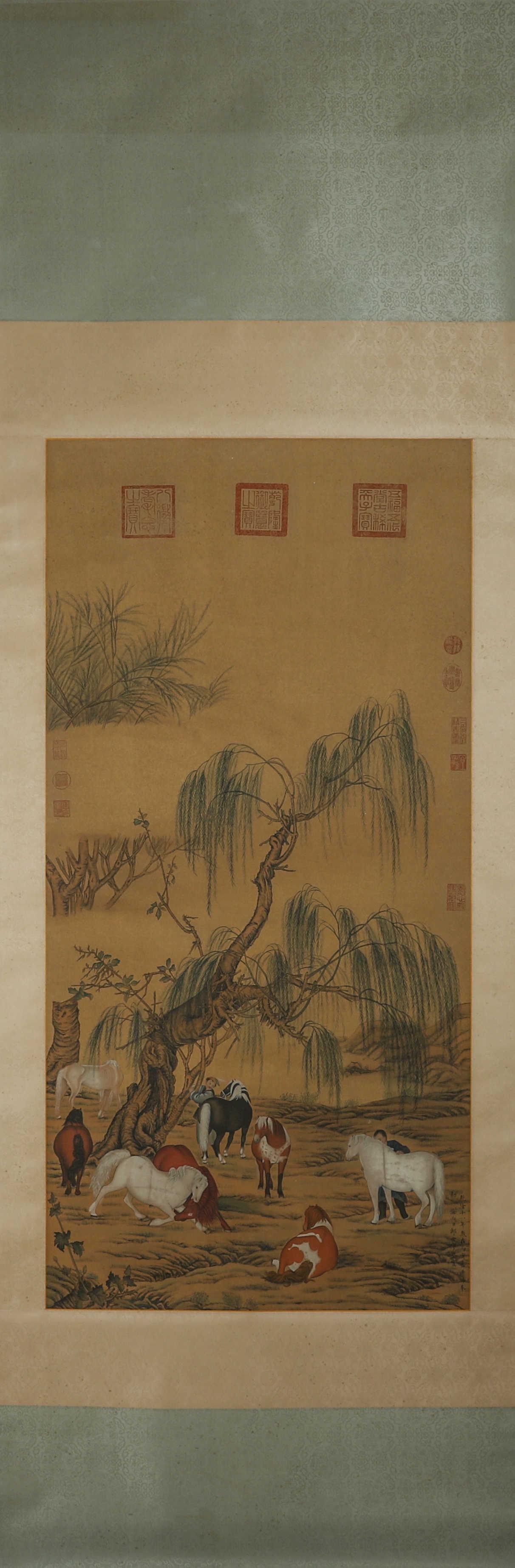 A Chinese horse silk scroll painting, Lang Shining mark (1 of 9)