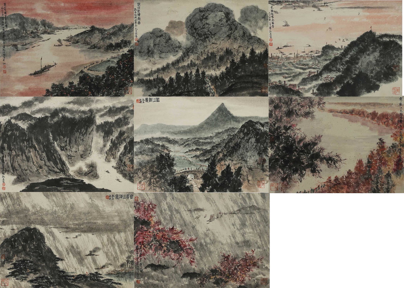8 pages of Chinese landscape painting, Fu Baoshi mark (1 of 9)