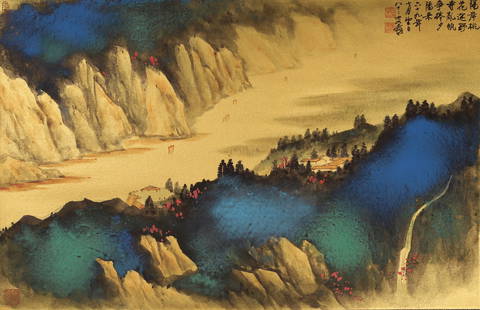 A Chinese hanging scroll painting of landscape, Zhang Daqian mark: 44x68cm
