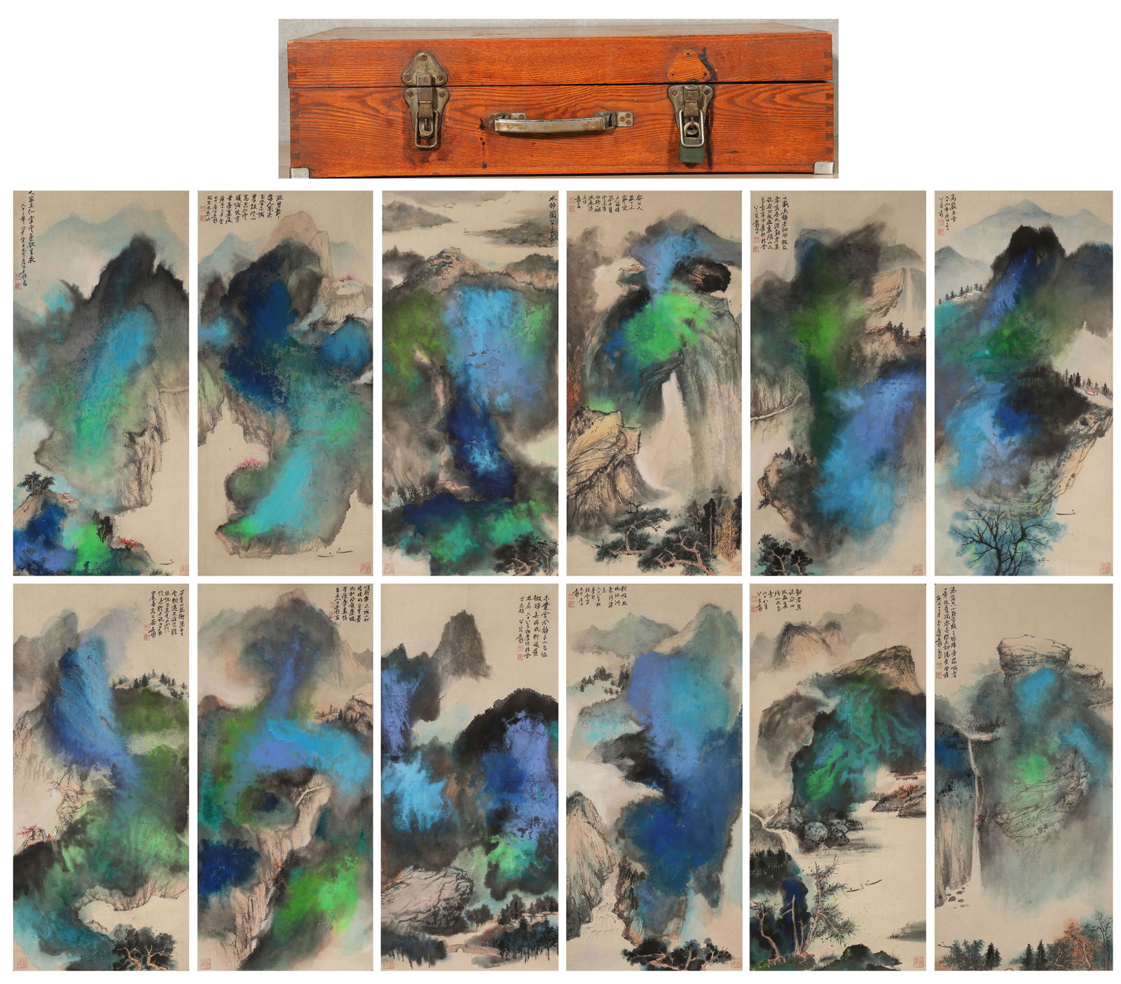 12 scrolls of Chinese landscape painting, Zhang Daqian mark (1 of 14)