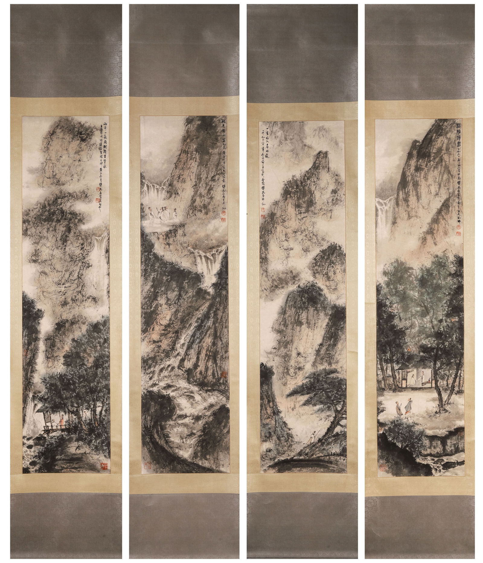 4 scrolls of Chinese landscape-and-figure painting, Fu Baoshi mark (1 of 13)