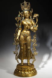 A gilding copper green tara statue,Ming Dynasty,China