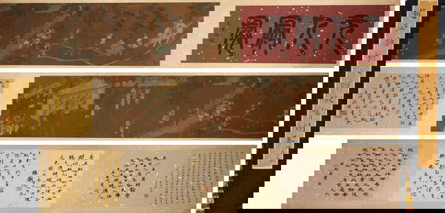 The Chinese figure silk scroll painting, Zhao Mengfu mark,Song Dynasty,China: Silk scroll,Title:70x30cm,Picture core:176x30cm,Preface and postscript:223x30cm