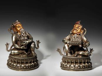 A pair of silver Tibetan god of fortune statues,Ming Dynasty,China