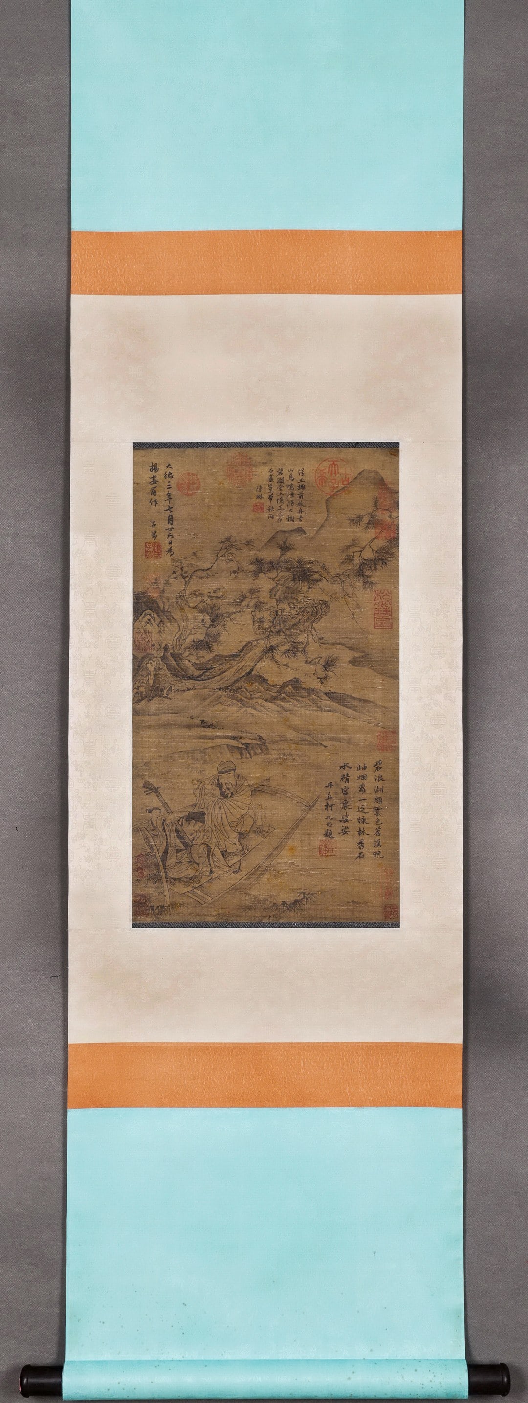 A Chinese hanging silk scroll painting of landscape and figure, Zhao Mengfu mark,Song Dynasty,China: Size:56.5x32CM