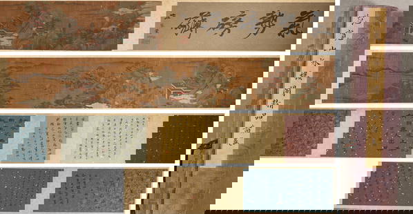 The Chinese painting of landscape and pavilion, Fankuan mark,Song Dynasty,China: Material:Silk scroll,Title:102x32,Painting:252x32,Calligraphy:336x32cm (Title:40.16x12.60in, Painting:99.21x12.60in, Calligraphy:132.28x12.60in). All measurements are approximate.