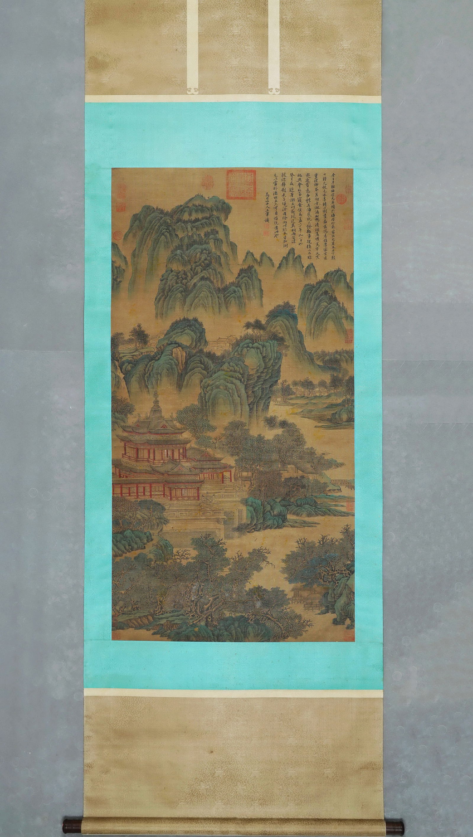 Wang Hui's "Cloudy Mountains and Spring River" on Old Silk,Qing Dynasty,China: painting core:130x67CM