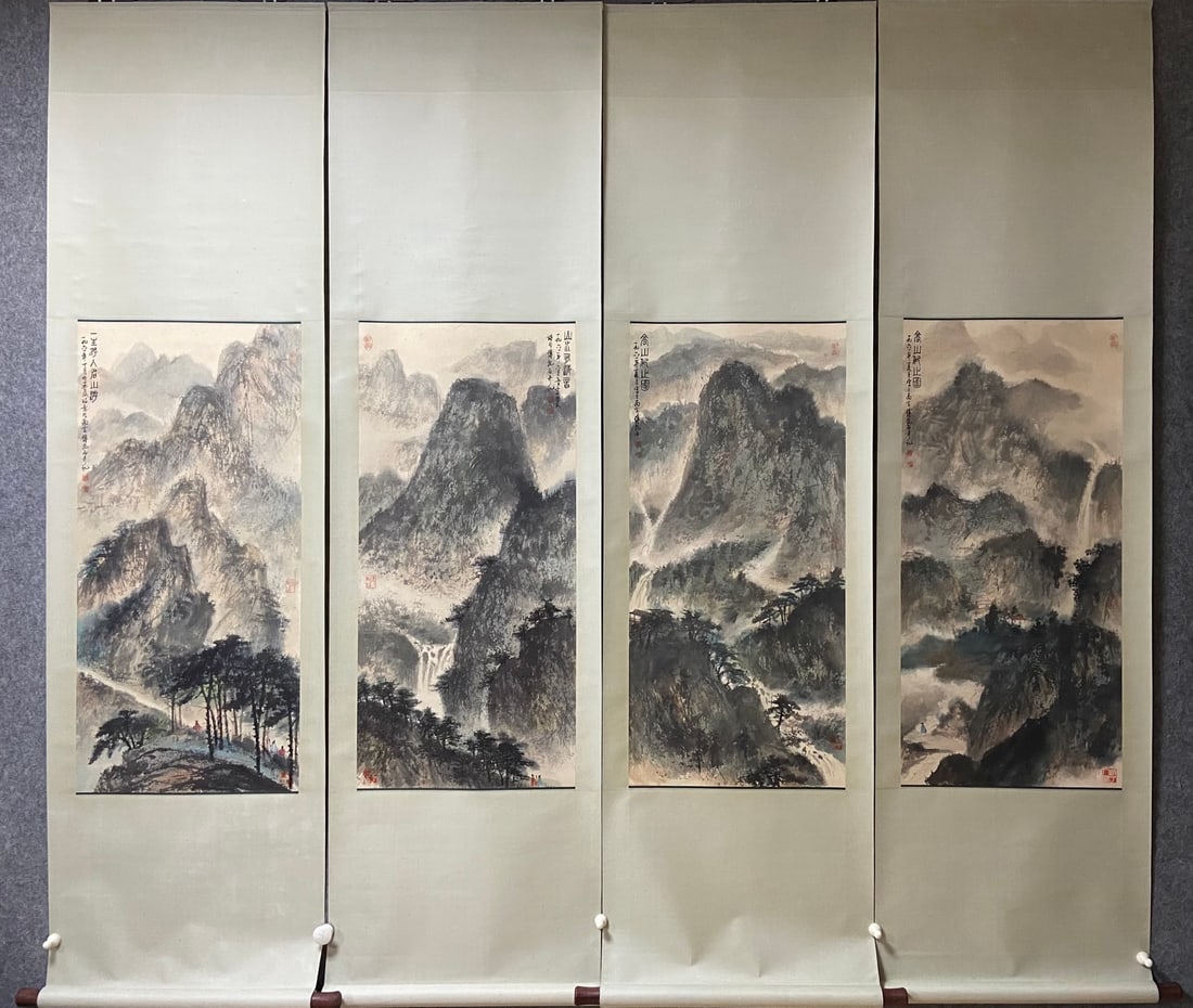 Fu Baoshi's Fine four-panel landscape painting: H95cmW45cm