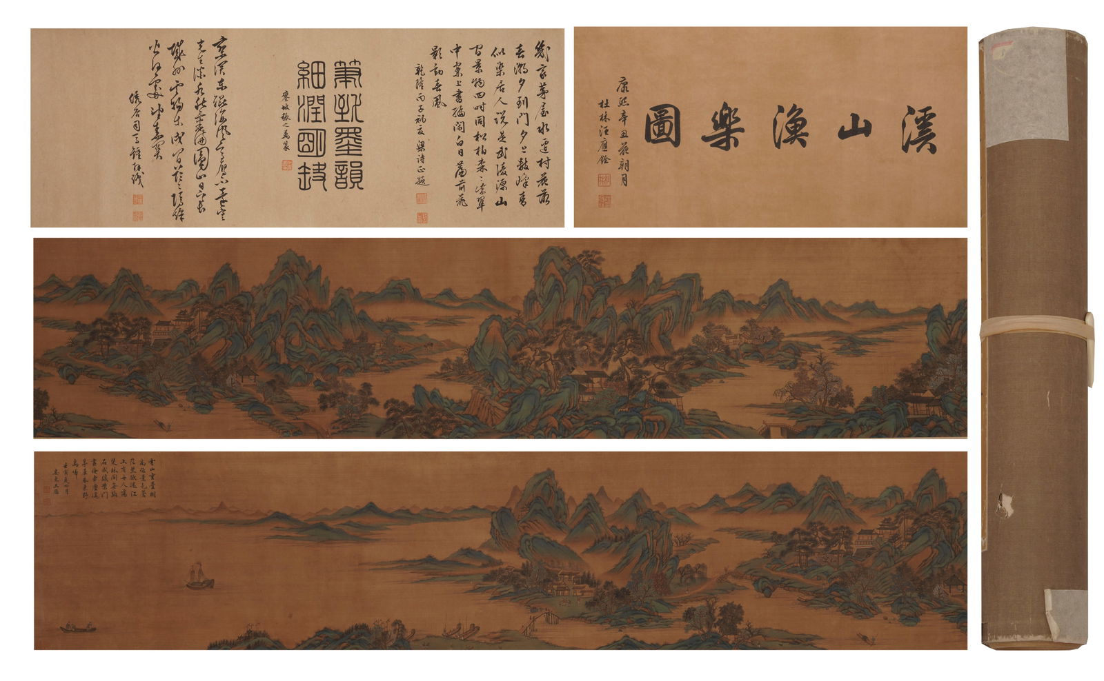 A Scroll Painting of Fishermen's Joy by a Stream by Wang Jian, Ming Dynasty,China: Silk scroll,L:404cm (159.06inches) W:32cm