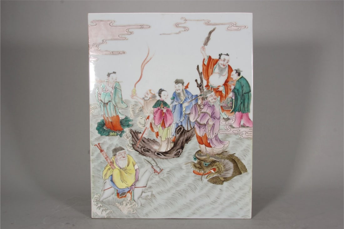 Qing Dynasty Qianlong period, Famille rose square porcelain plaque with "Eight Immortals Crossing (1 of 9)
