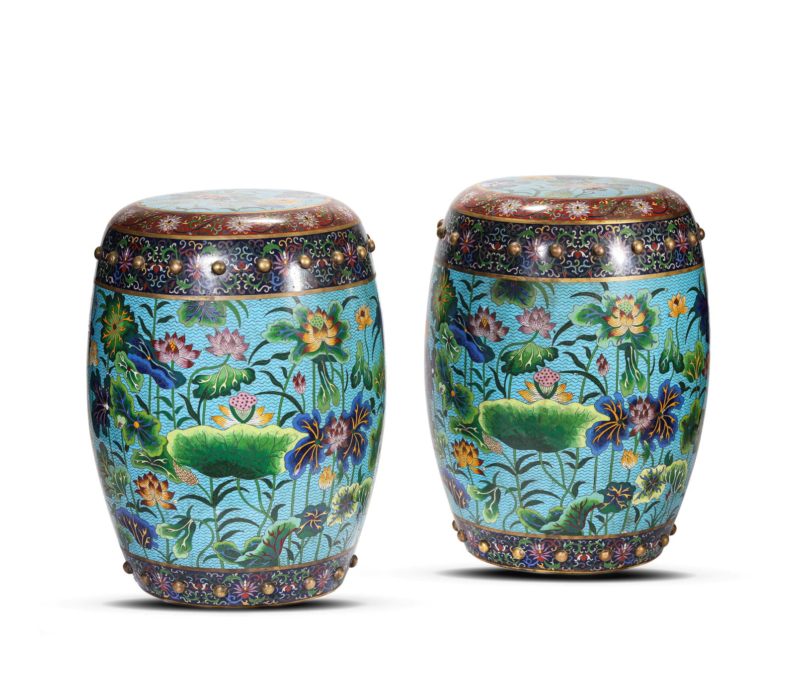 A cloisonné enamel 'Floral' drum stool: Dimensions: Width: 33.3 cm (13.1 in.), Height: 43.7 cm (17.2 in.). Weight: 14.4 kg. All measurements are approximate.
