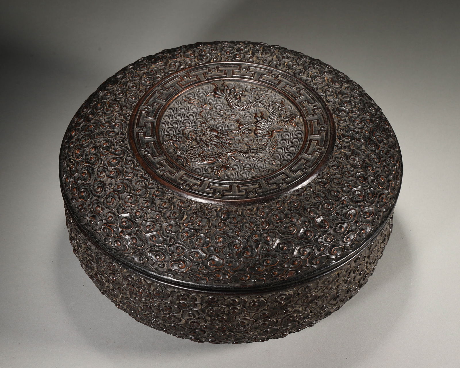Qing qianlong zitan round box with dragon carvings & imperial inscribed poetry (1 of 8)