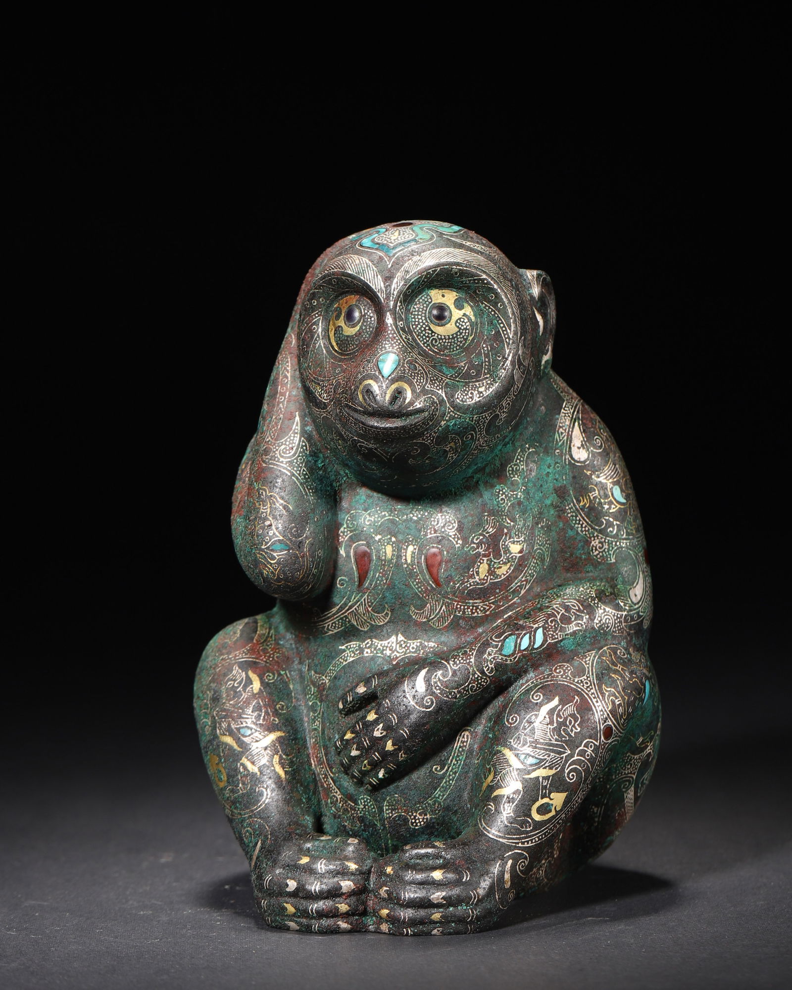 Warring states bronze monkey ornament with gold silver inlay & gemstones (1 of 9)