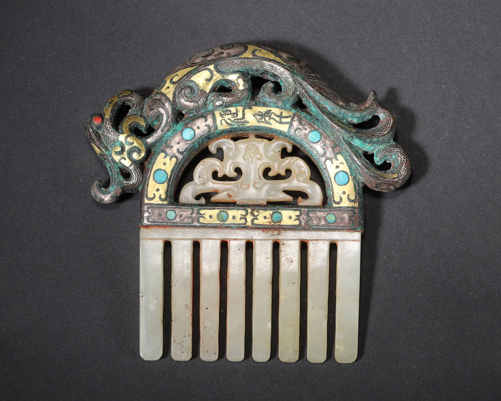 Warring states gilt-silver bronze comb inlaid with jade & turquoise (1 of 6)