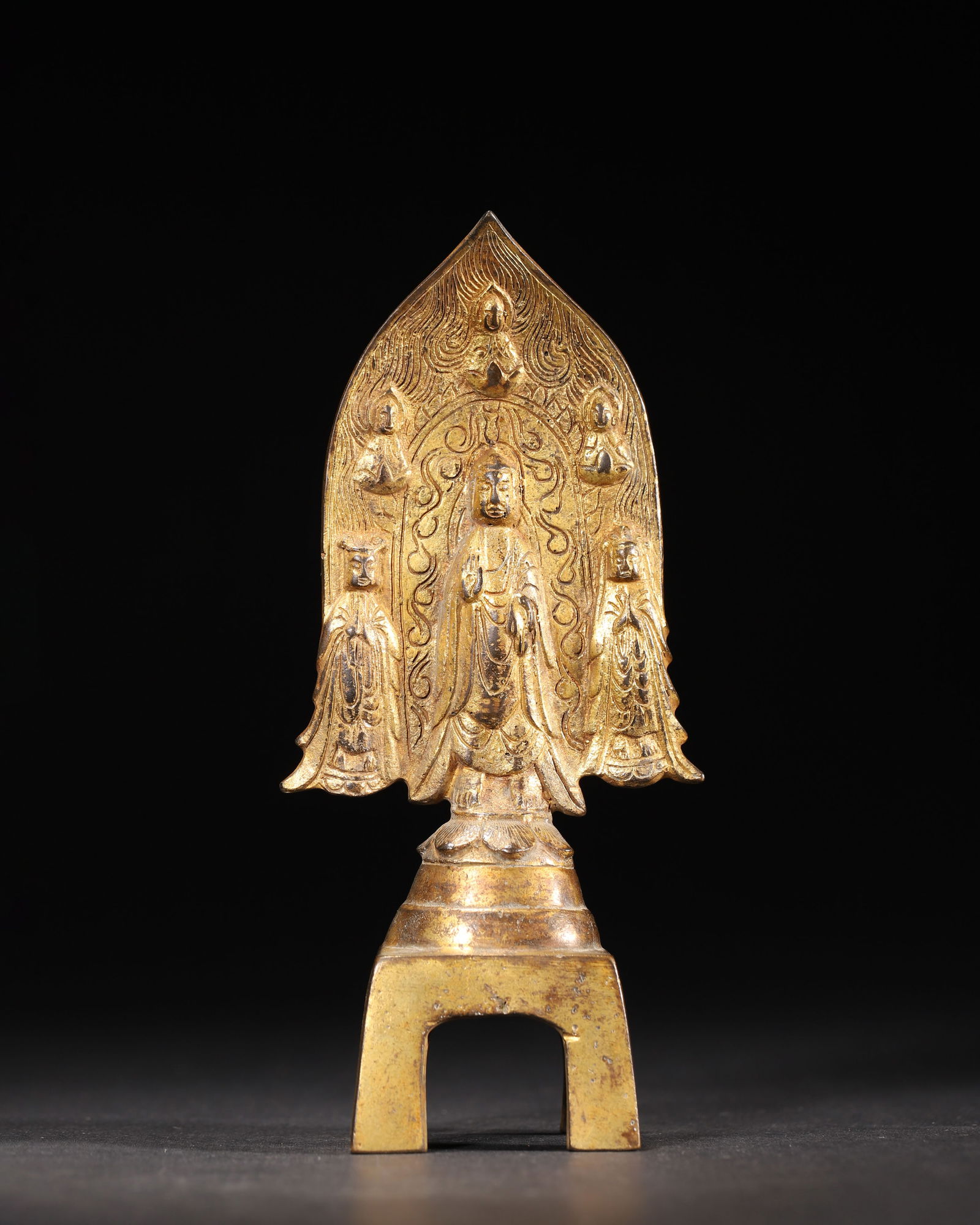 Northern wei dynasty, gilt-bronze standing figure of buddha with two attendants (inscribed with (1 of 8)