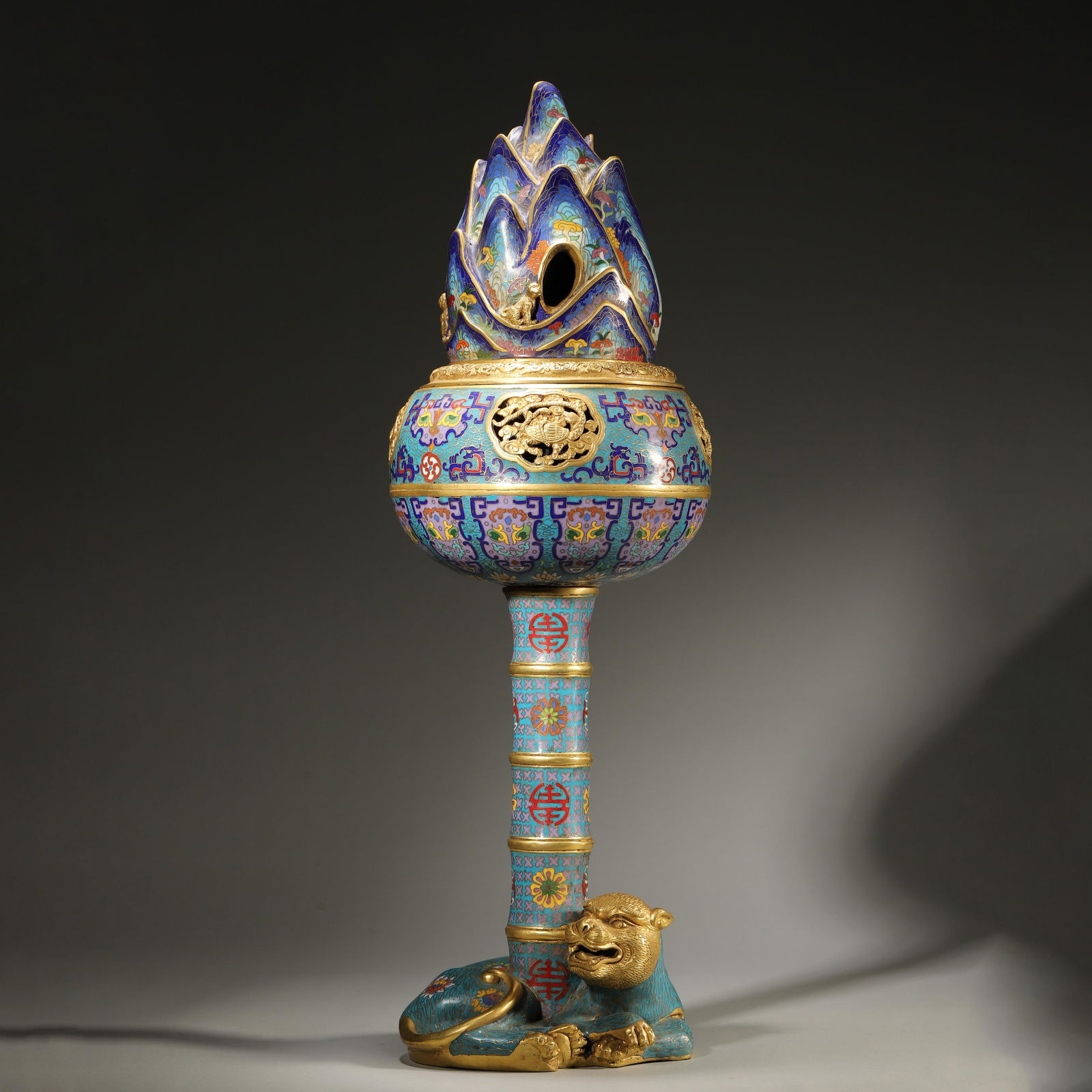 Mid-qing dynasty, cloisonné enamel & gilt bronze boshan censer with beast base (1 of 7)