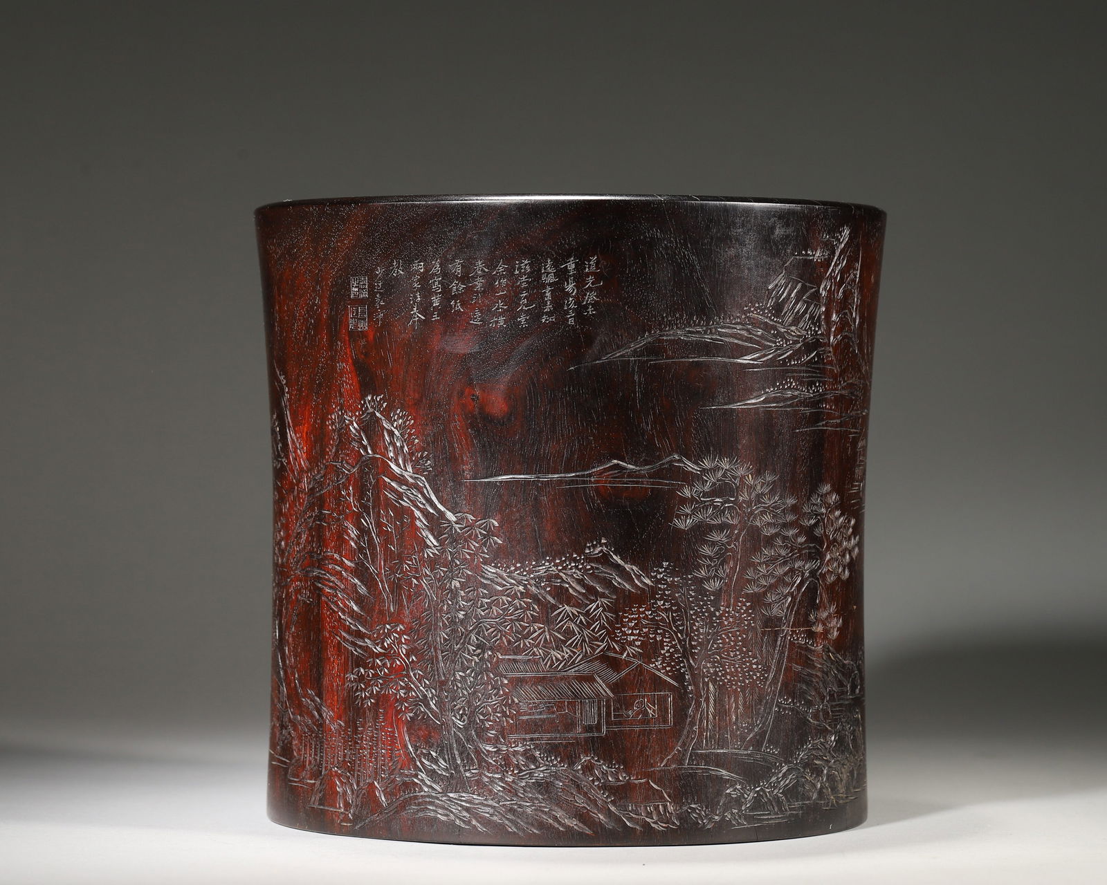 Qing dynasty zitan brush pot with landscape & poem carvings (1 of 7)