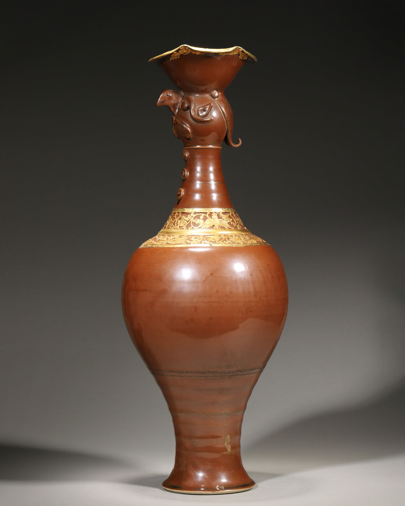 Song dynasty ding kiln brown-glazed gilt phoenix-head fluted-mouth vase (1 of 9)