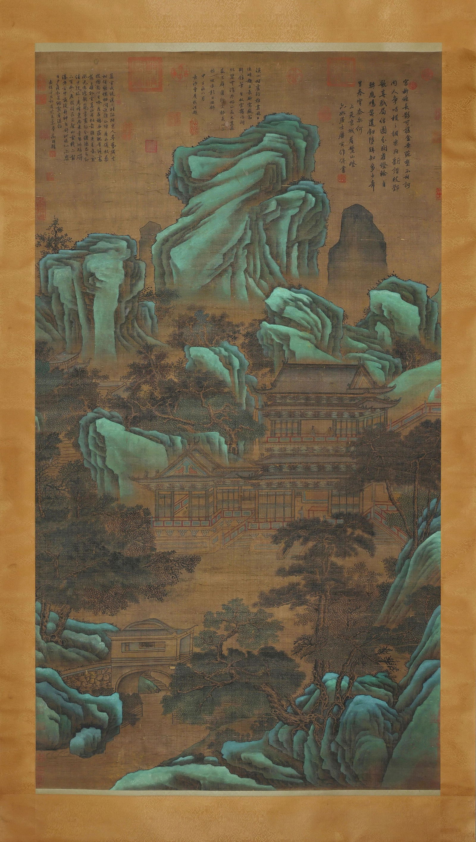 Ming dynasty, tang yin, palace of immortals in spring, hanging scroll on silk: Painted by tang yin of the ming dynasty, this work combines large green landscape with architectural painting, depicting the lantern festival in the capital, reflecting the artistic height of the wu s
