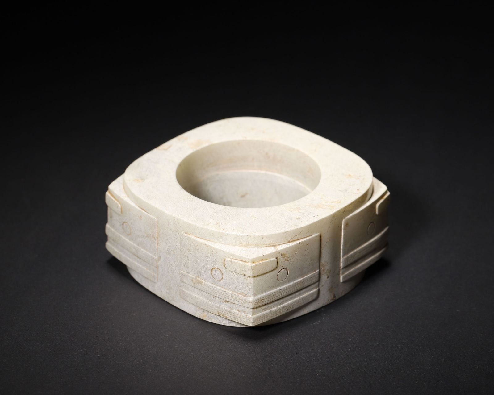 Liangzhu culture chicken bone white jade cong: A late liangzhu culture ritual artifact for heaven worship, with fine chicken bone white patina. Its square-outer, round-inner form reflects ancient cosmology, and simplified deity motifs & string pat
