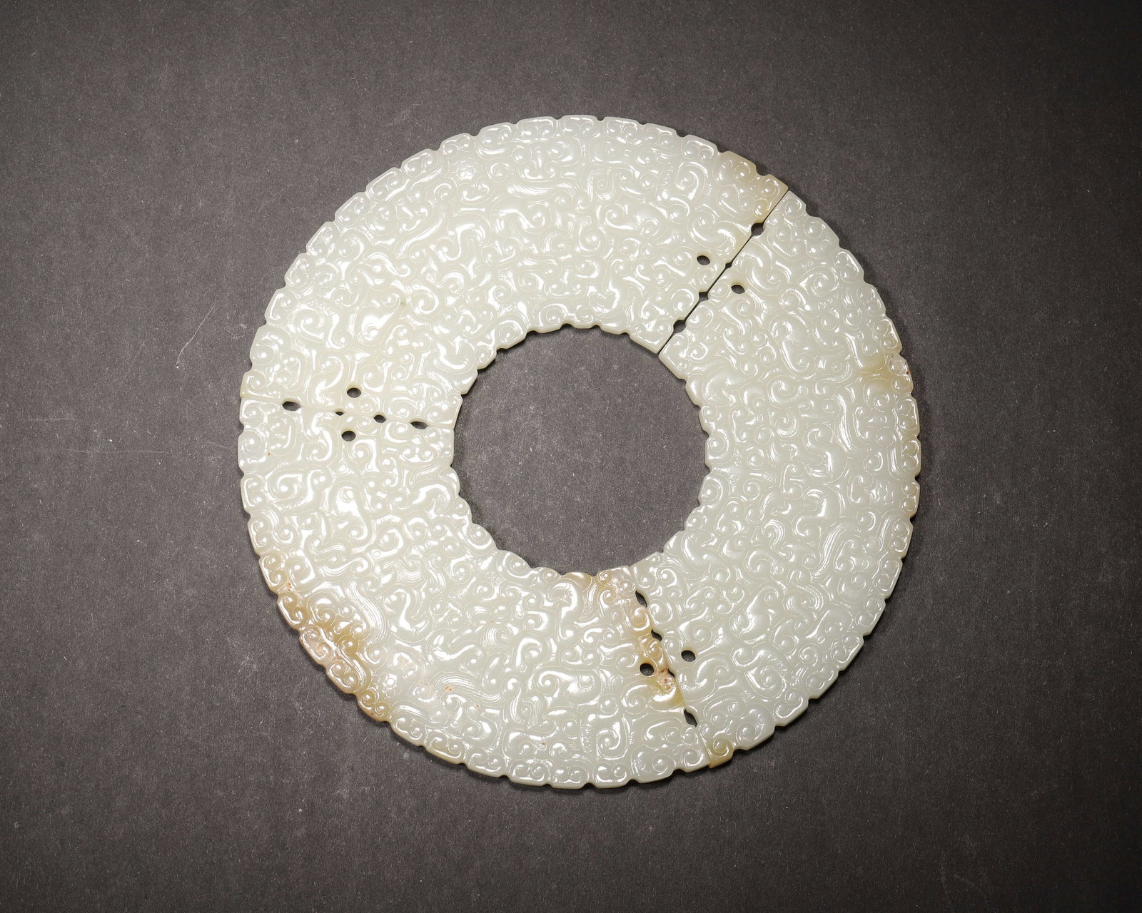 Warring states period, white jade composite bi disc with scroll pattern (1 of 8)