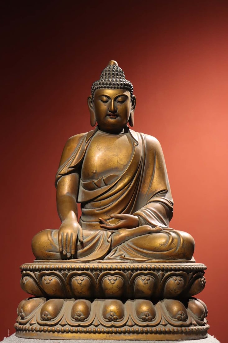 Ming dynasty, nanmu wood gilded seated shakyamuni buddha: A ming dynasty shakyamuni buddha figure carved from nanmu wood and gilded. It features a solemn expression, flowing drapery, and an exquisite double lotus base. Exquisite craftsmanship makes it a sign