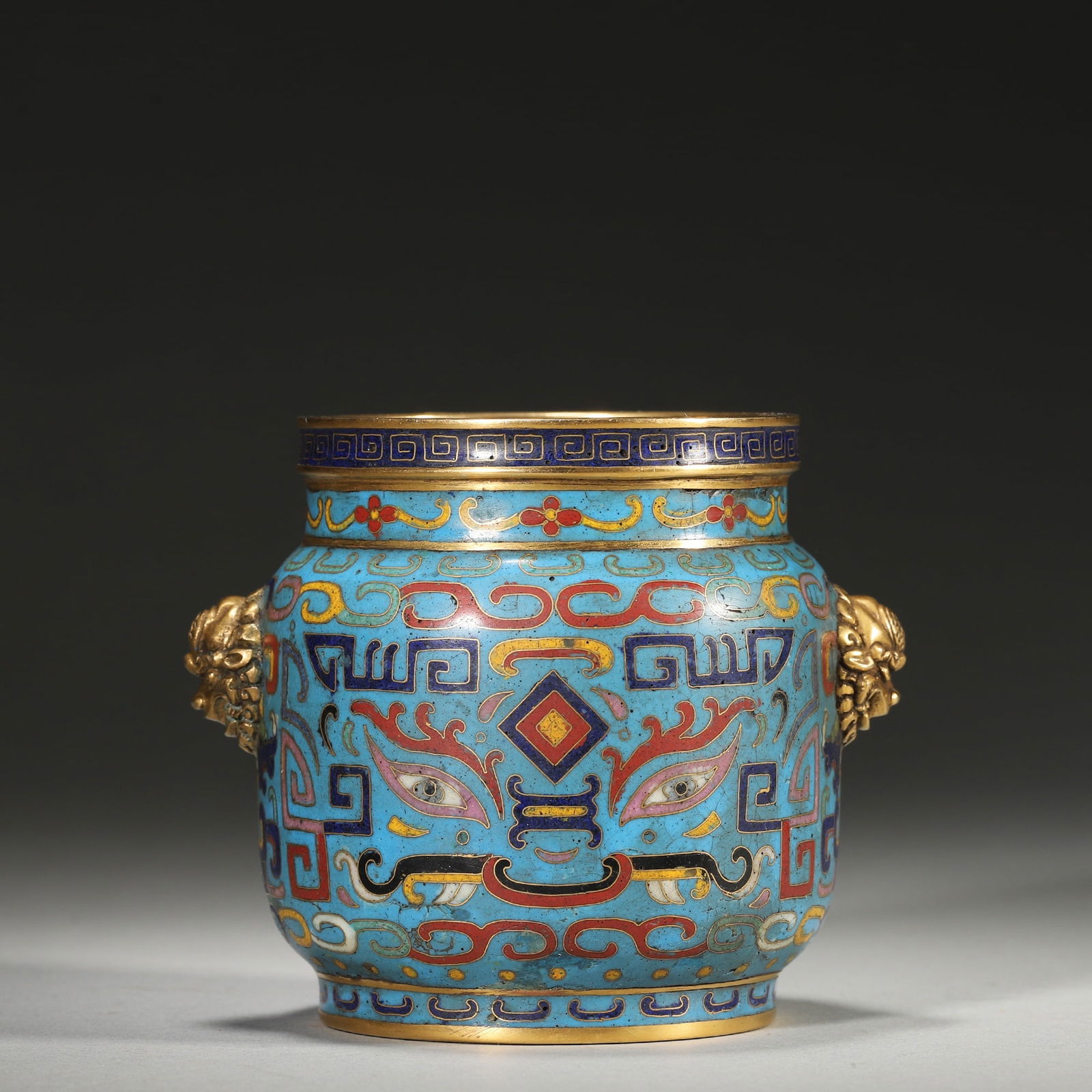 Mid-qing dynasty, cloisonné enamel jar with beast mask pattern & gilt handles (1 of 6)